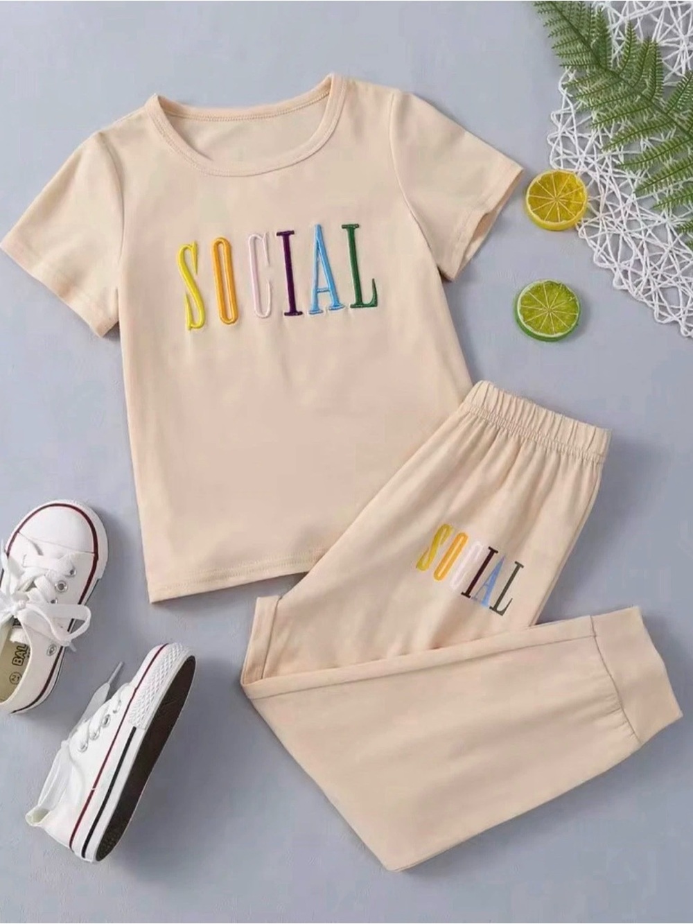 SHEIN Girls' Letter-Embroidered T-Shirt and Printed Sweatpants Set Size 6